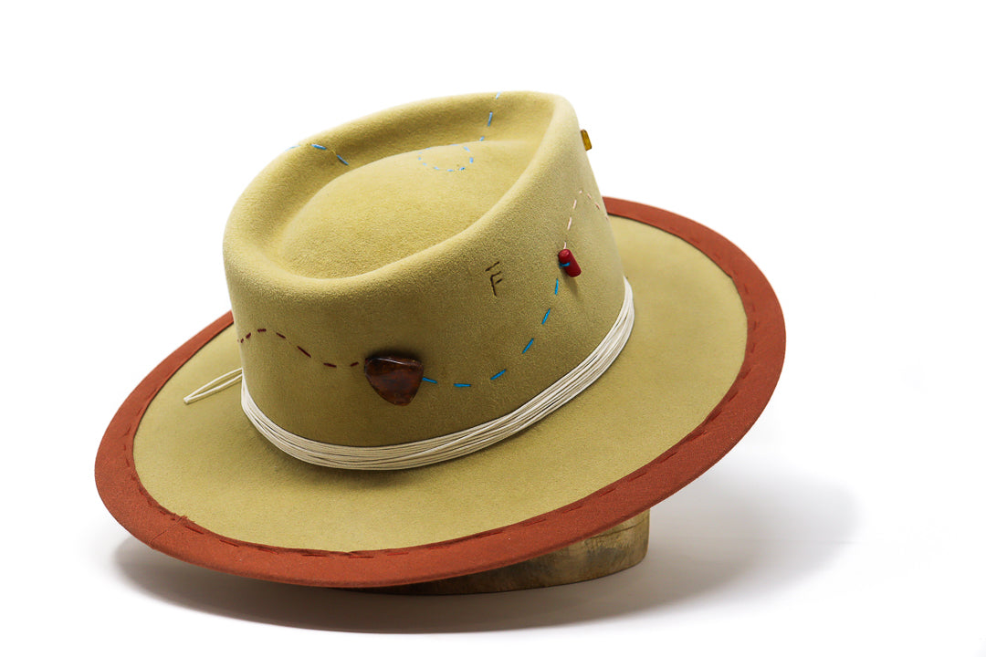 Right side of yellow handmade hat "Amalfi Coast" Luisa Ferne made to measure hats